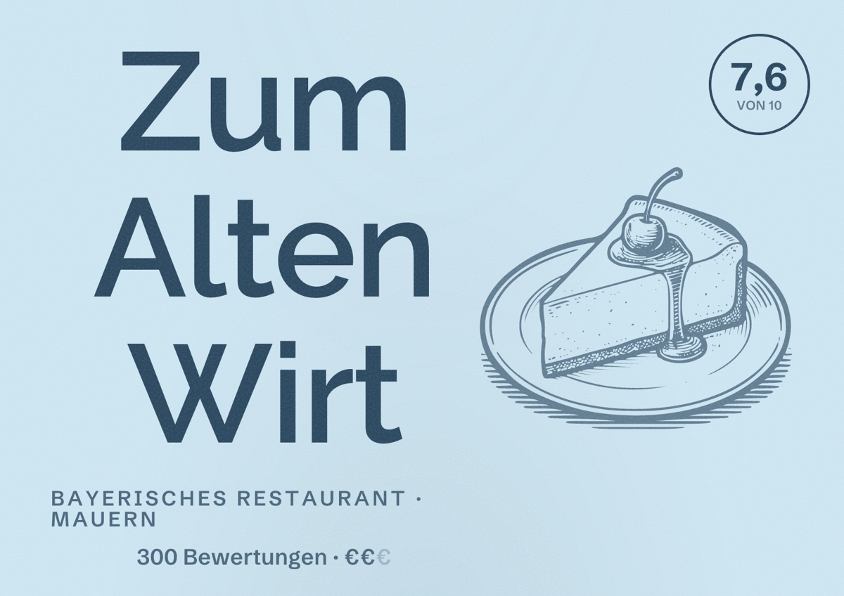 Illustriertes Poster von Zum Alten Wirt, Bayerisches Restaurant in Mauern: Bewertung 7,6 von 10 aus 300 Bewertungen, Preisniveau €€