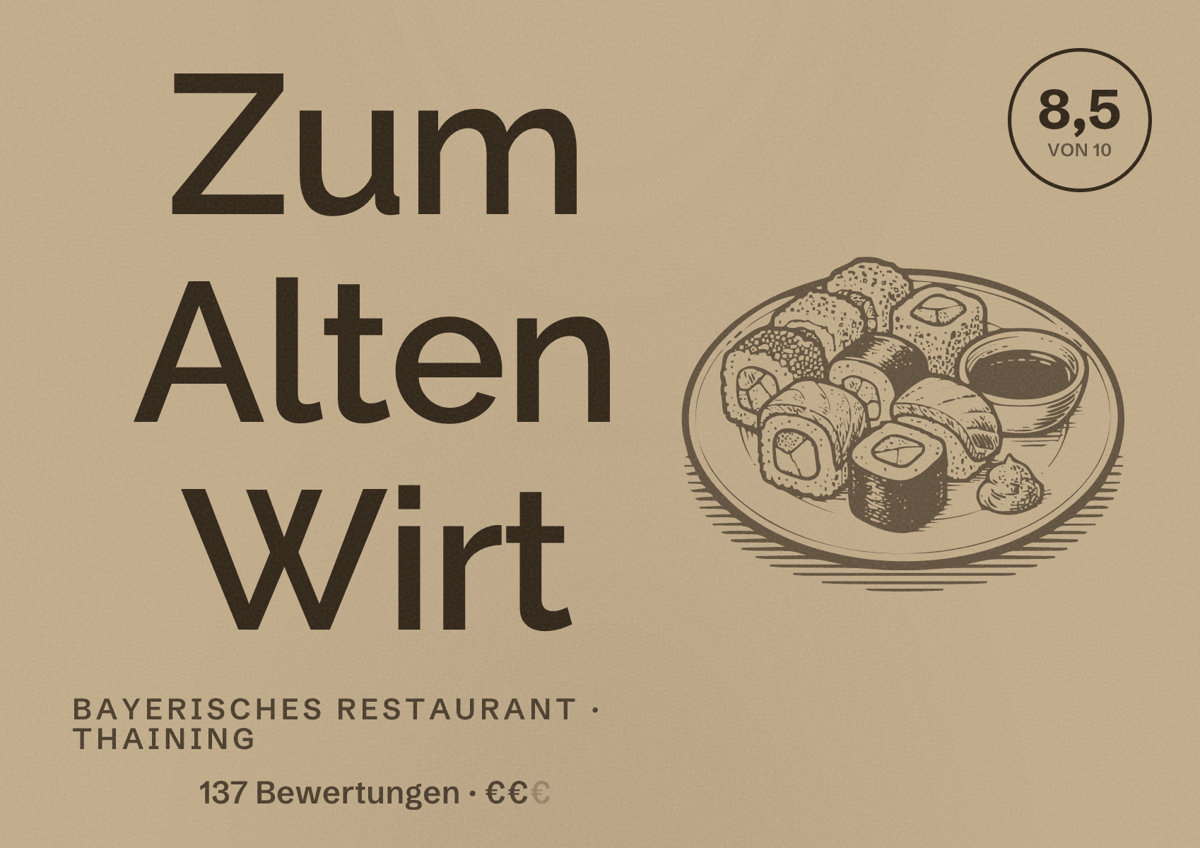 Illustriertes Poster von Zum Alten Wirt, Bayerisches Restaurant in Thaining: Bewertung 8,5 von 10 aus 137 Bewertungen, Preisniveau €€