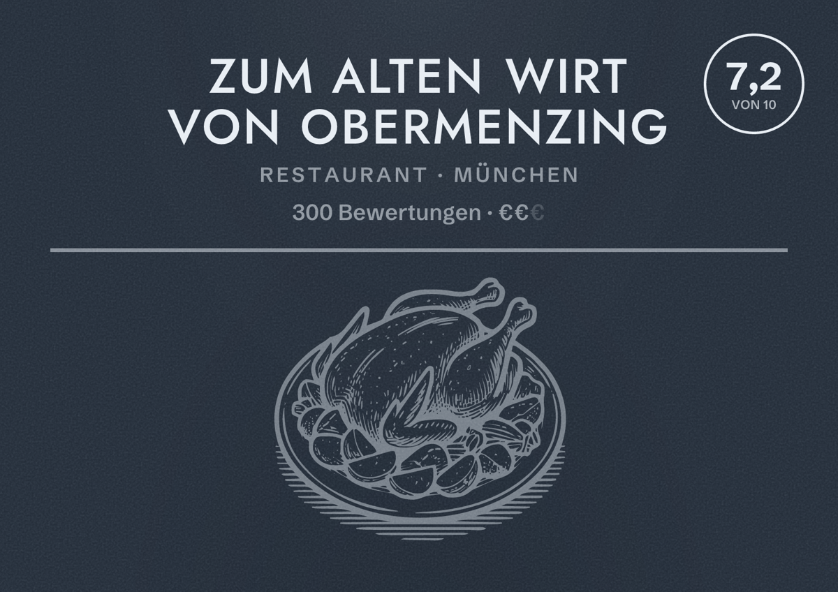 Illustriertes Poster von Zum Alten Wirt von Obermenzing, Restaurant in München: Bewertung 7,2 von 10 aus 300 Bewertungen, Preisniveau €€