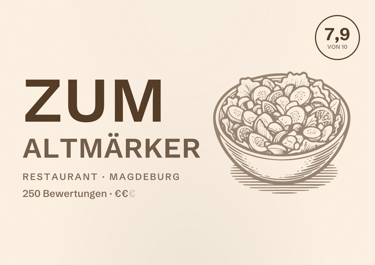 Illustriertes Poster von Zum Altmärker, Restaurant in Magdeburg: Bewertung 7,9 von 10 aus 250 Bewertungen, Preisniveau €€