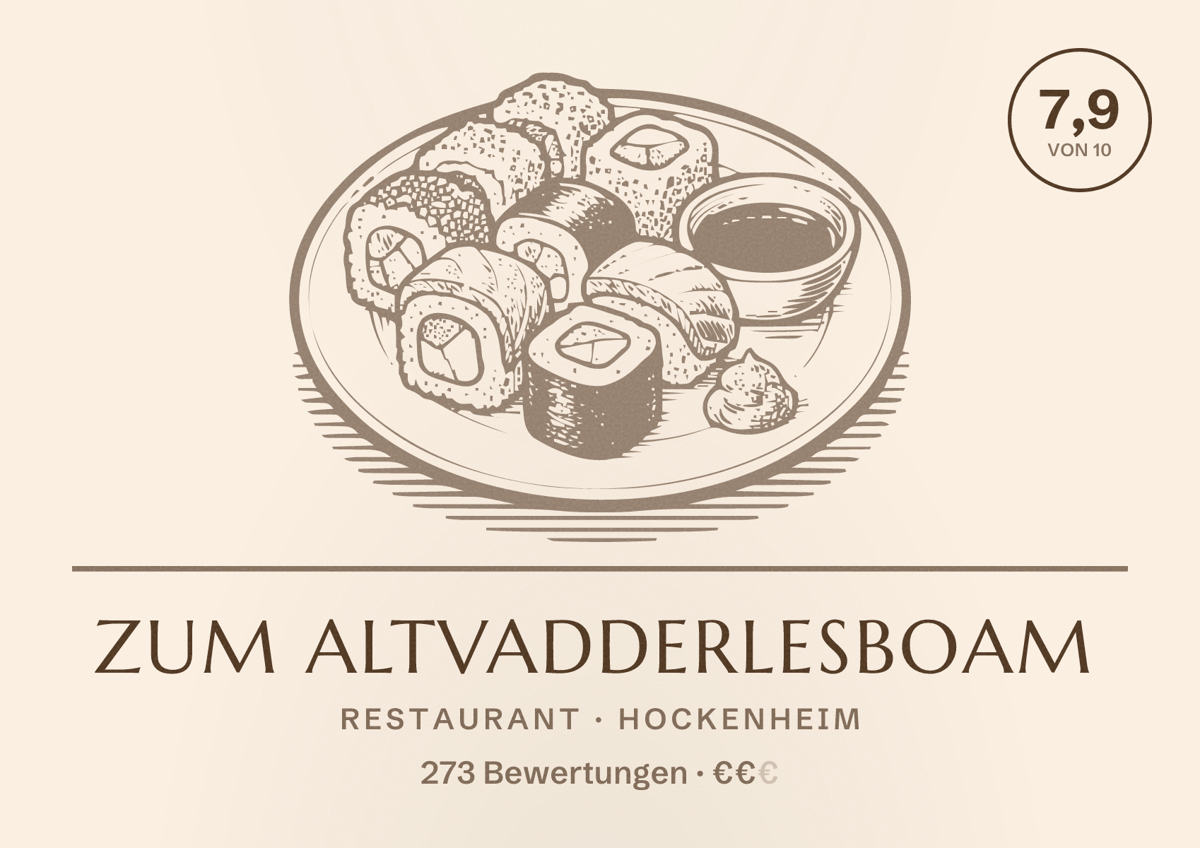 Illustriertes Poster von Zum Altvadderlesboam, Restaurant in Hockenheim: Bewertung 7,9 von 10 aus 273 Bewertungen, Preisniveau €€