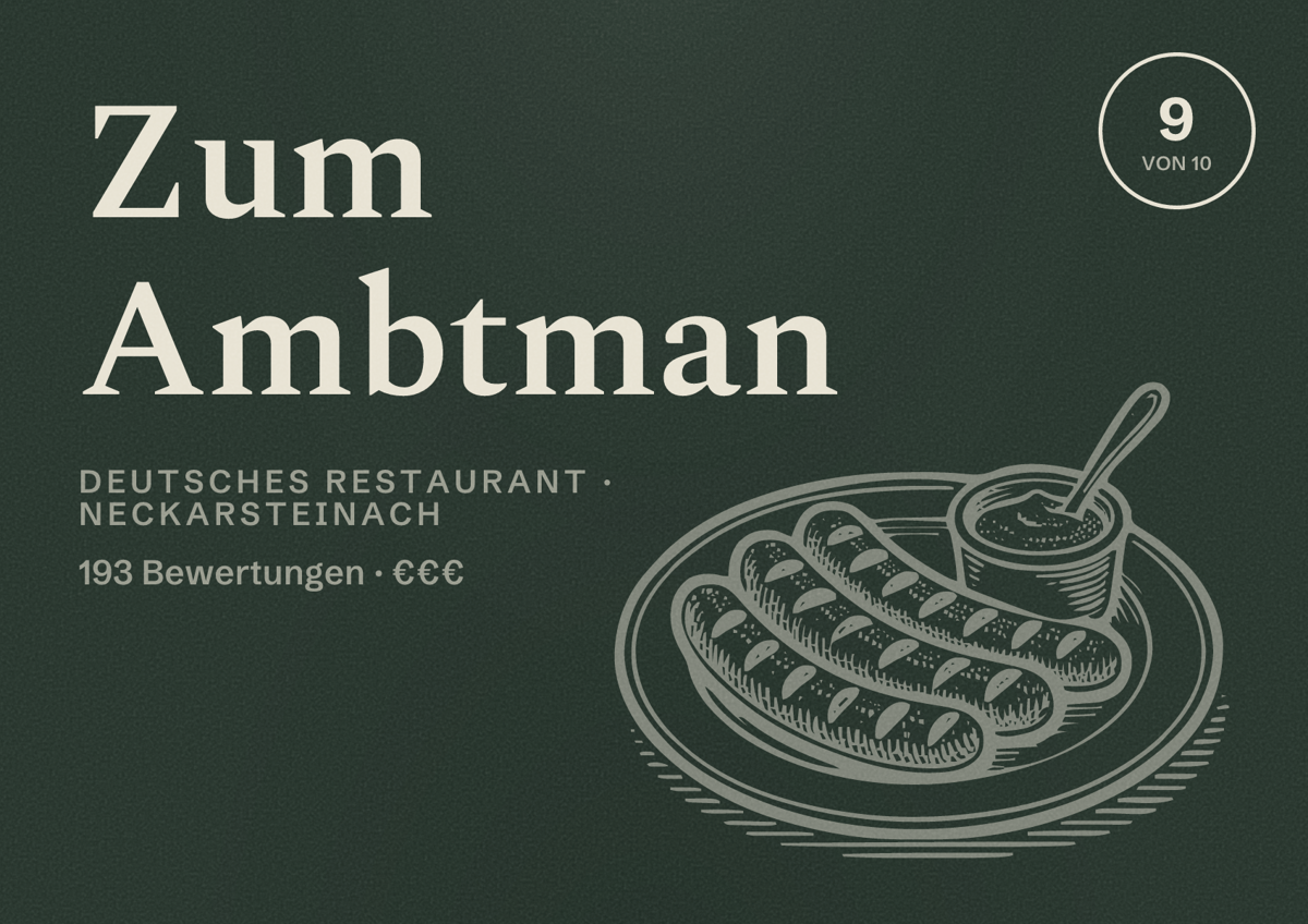 Illustriertes Poster von Zum Ambtman, Deutsches Restaurant in Neckarsteinach: Bewertung 9 von 10 aus 193 Bewertungen, Preisniveau €€€