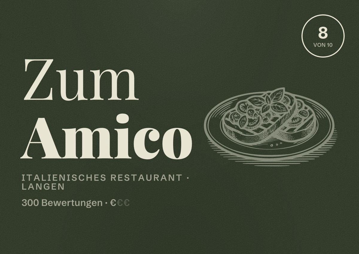 Illustriertes Poster von Zum Amico, Italienisches Restaurant in Langen: Bewertung 8 von 10 aus 300 Bewertungen, Preisniveau €