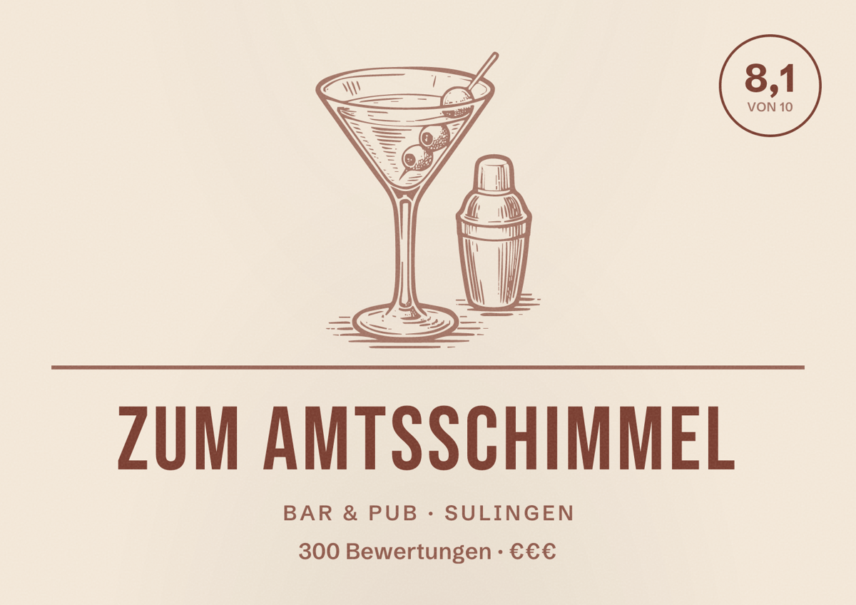 Illustriertes Poster von Zum Amtsschimmel, Bar & Pub in Sulingen: Bewertung 8,1 von 10 aus 300 Bewertungen, Preisniveau €€€