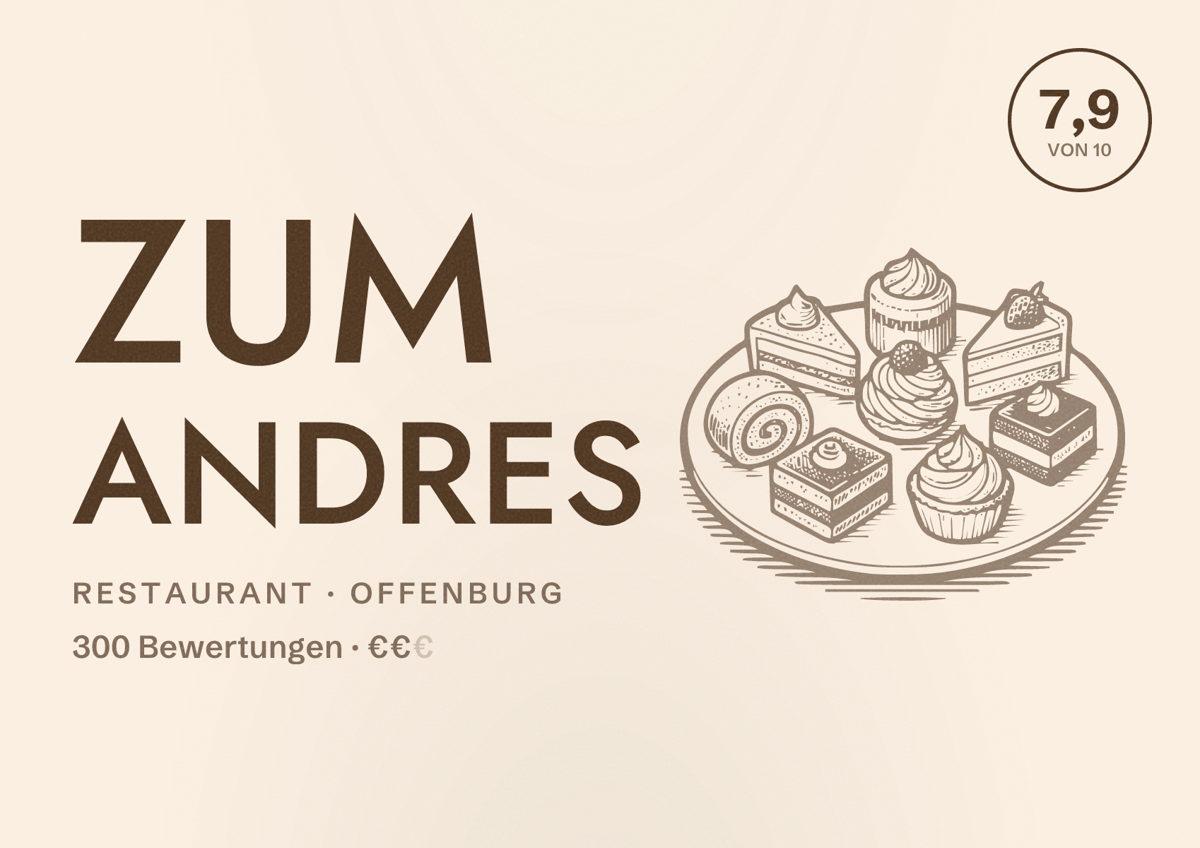 Illustriertes Poster von Zum Andres, Restaurant in Offenburg: Bewertung 7,9 von 10 aus 300 Bewertungen, Preisniveau €€