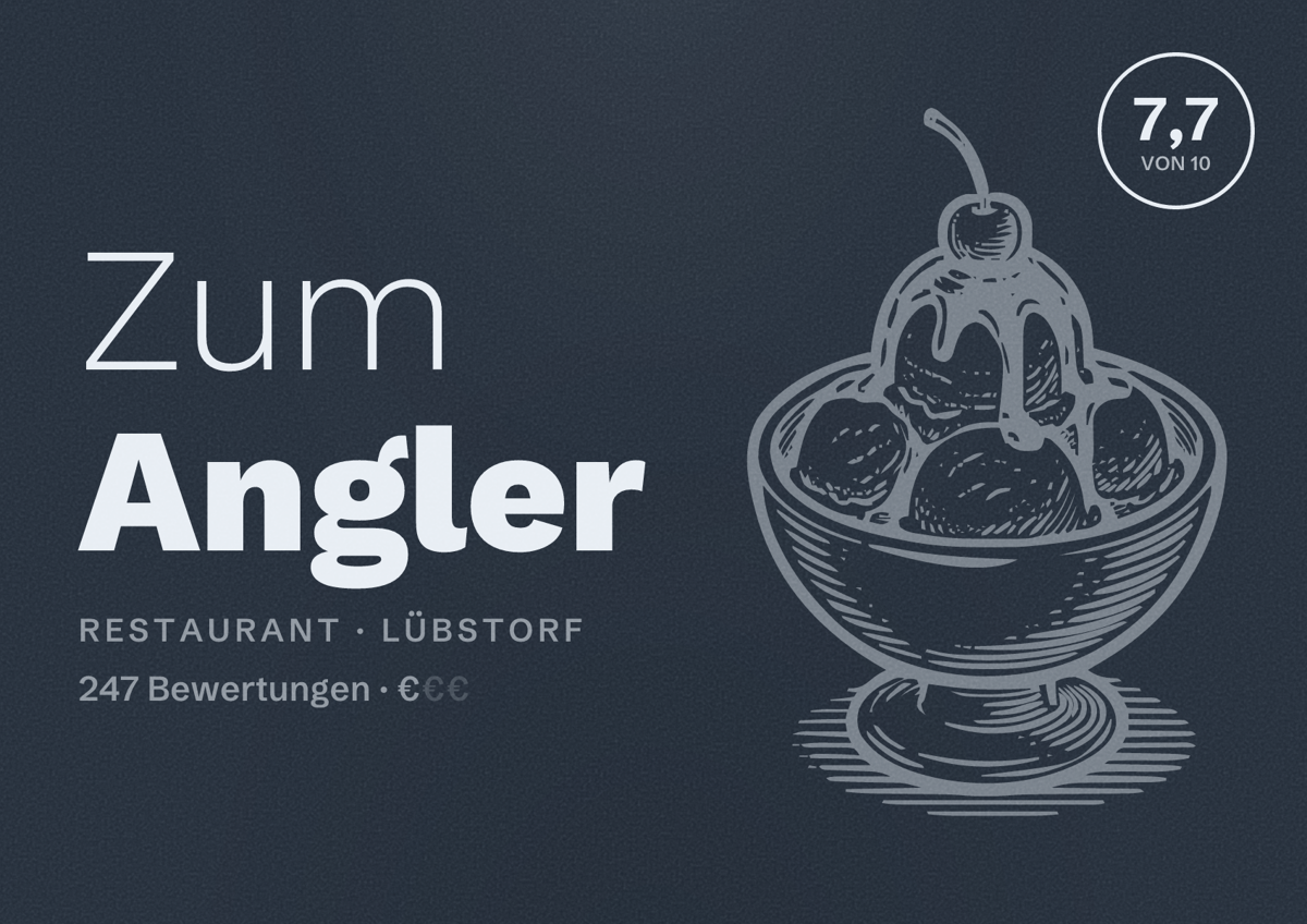 Illustriertes Poster von Zum Angler, Restaurant in Lübstorf: Bewertung 7,7 von 10 aus 247 Bewertungen, Preisniveau €