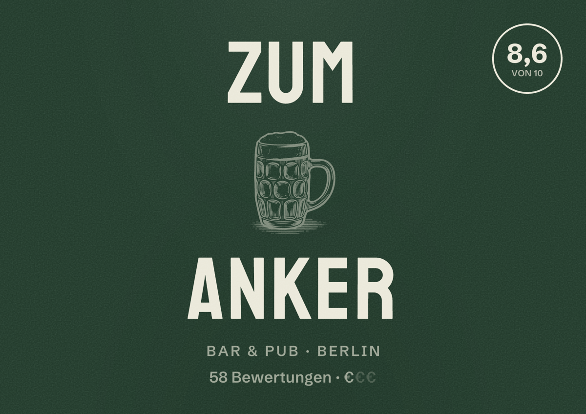 Illustriertes Poster von Zum Anker, Bar & Pub in Berlin: Bewertung 8,6 von 10 aus 58 Bewertungen, Preisniveau €