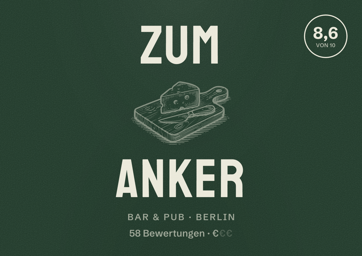 Illustriertes Poster von Zum Anker, Bar & Pub in Berlin: Bewertung 8,6 von 10 aus 58 Bewertungen, Preisniveau €