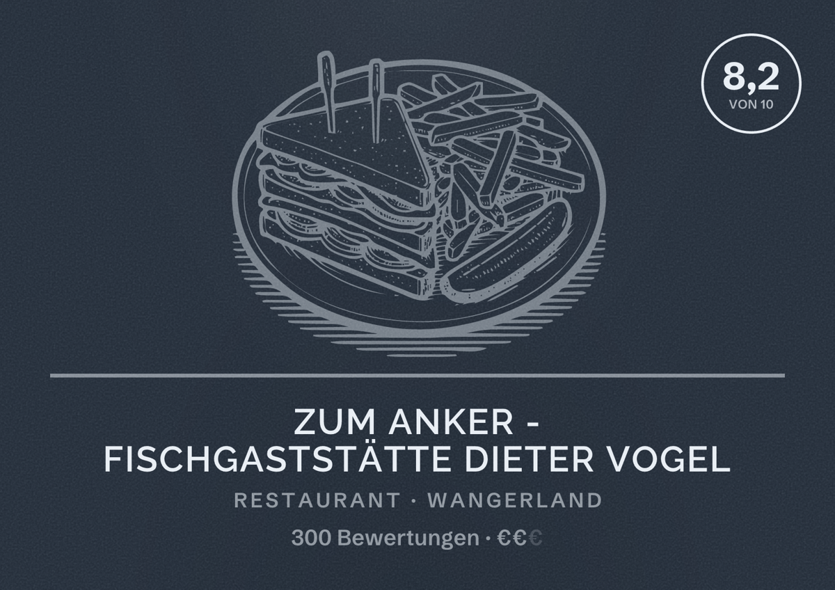Illustriertes Poster von Zum Anker - Fischgaststätte Dieter Vogel, Restaurant in Wangerland: Bewertung 8,2 von 10 aus 300 Bewertungen, Preisniveau €€