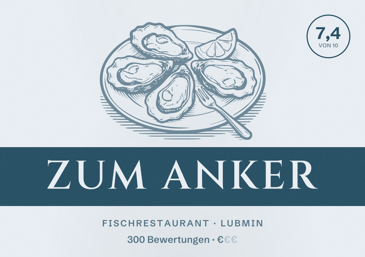 Illustriertes Poster von Zum Anker, Fischrestaurant in Lubmin: Bewertung 7,4 von 10 aus 300 Bewertungen, Preisniveau €
