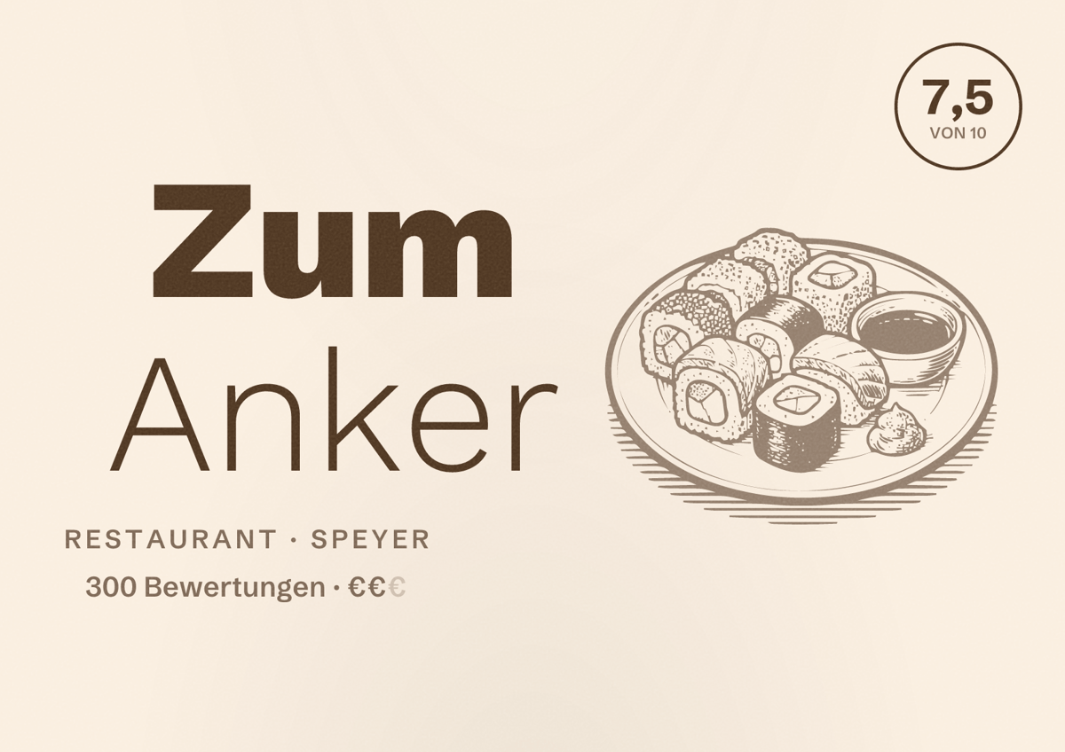 Illustriertes Poster von Zum Anker, Restaurant in Speyer: Bewertung 7,5 von 10 aus 300 Bewertungen, Preisniveau €€