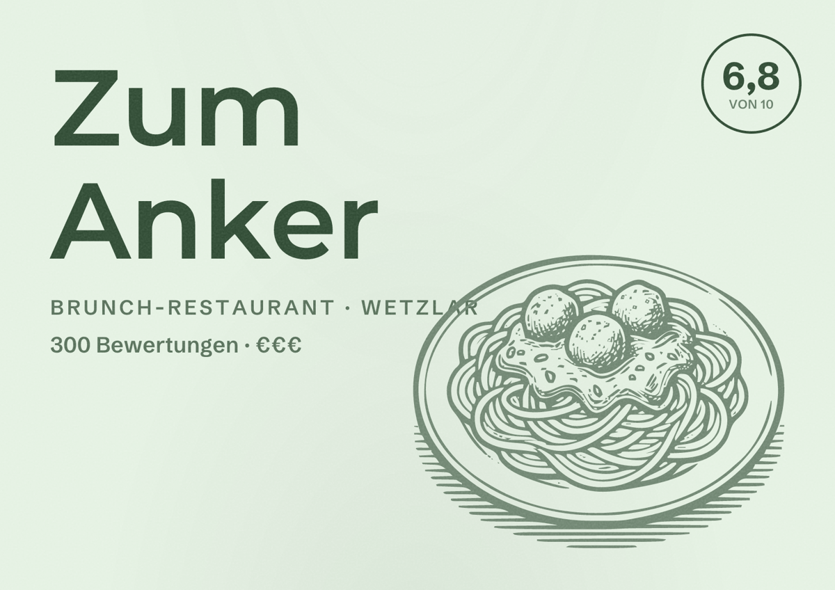 Illustriertes Poster von Zum Anker, Brunch-Restaurant in Wetzlar: Bewertung 6,8 von 10 aus 300 Bewertungen, Preisniveau €€€