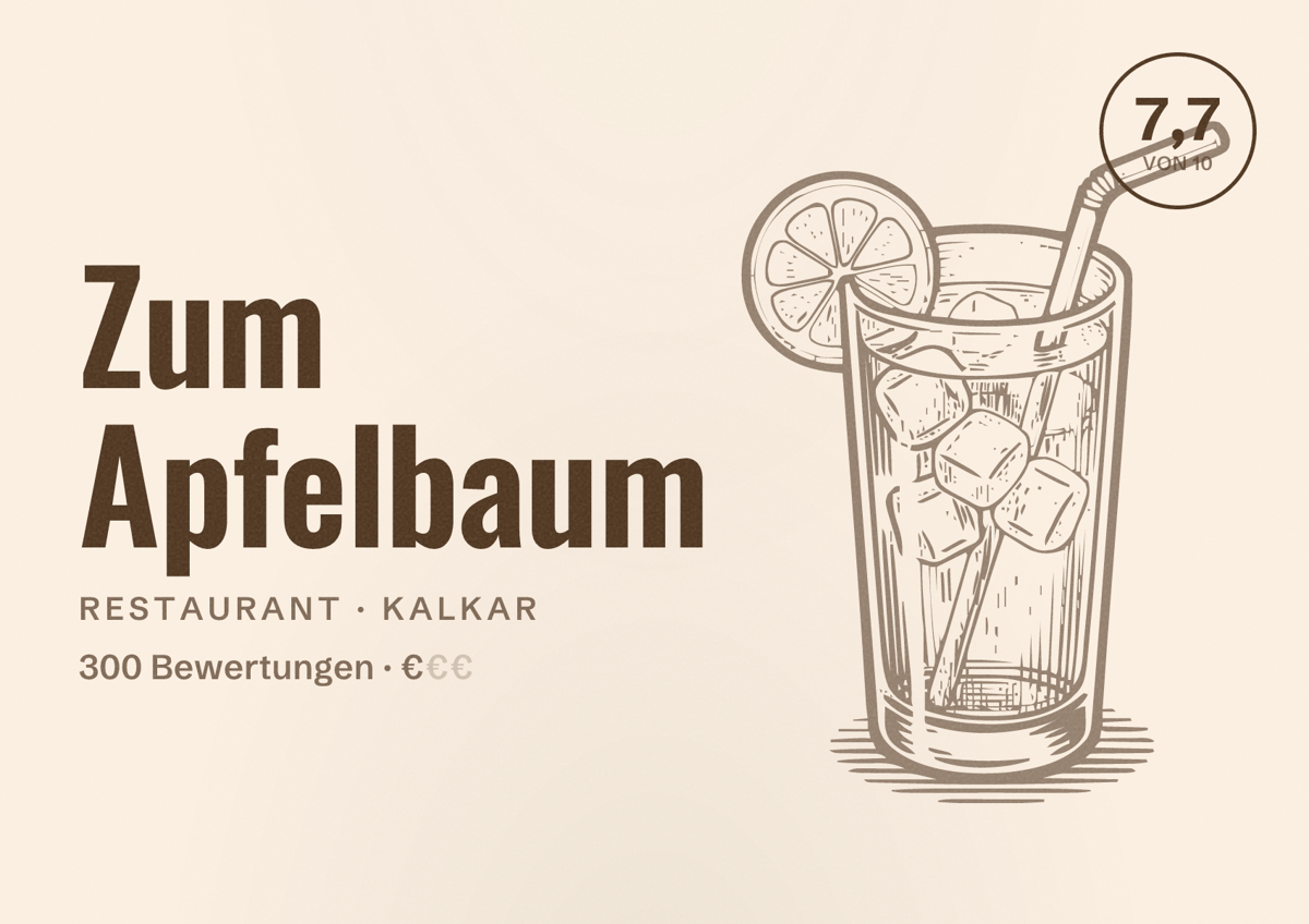 Illustriertes Poster von Zum Apfelbaum, Restaurant in Kalkar: Bewertung 7,7 von 10 aus 300 Bewertungen, Preisniveau €