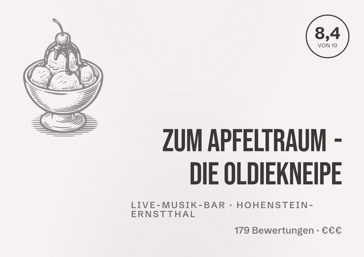 Illustriertes Poster von Zum Apfeltraum - die Oldiekneipe, Live-Musik-Bar in Hohenstein-Ernstthal: Bewertung 8,4 von 10 aus 179 Bewertungen, Preisniveau €€€