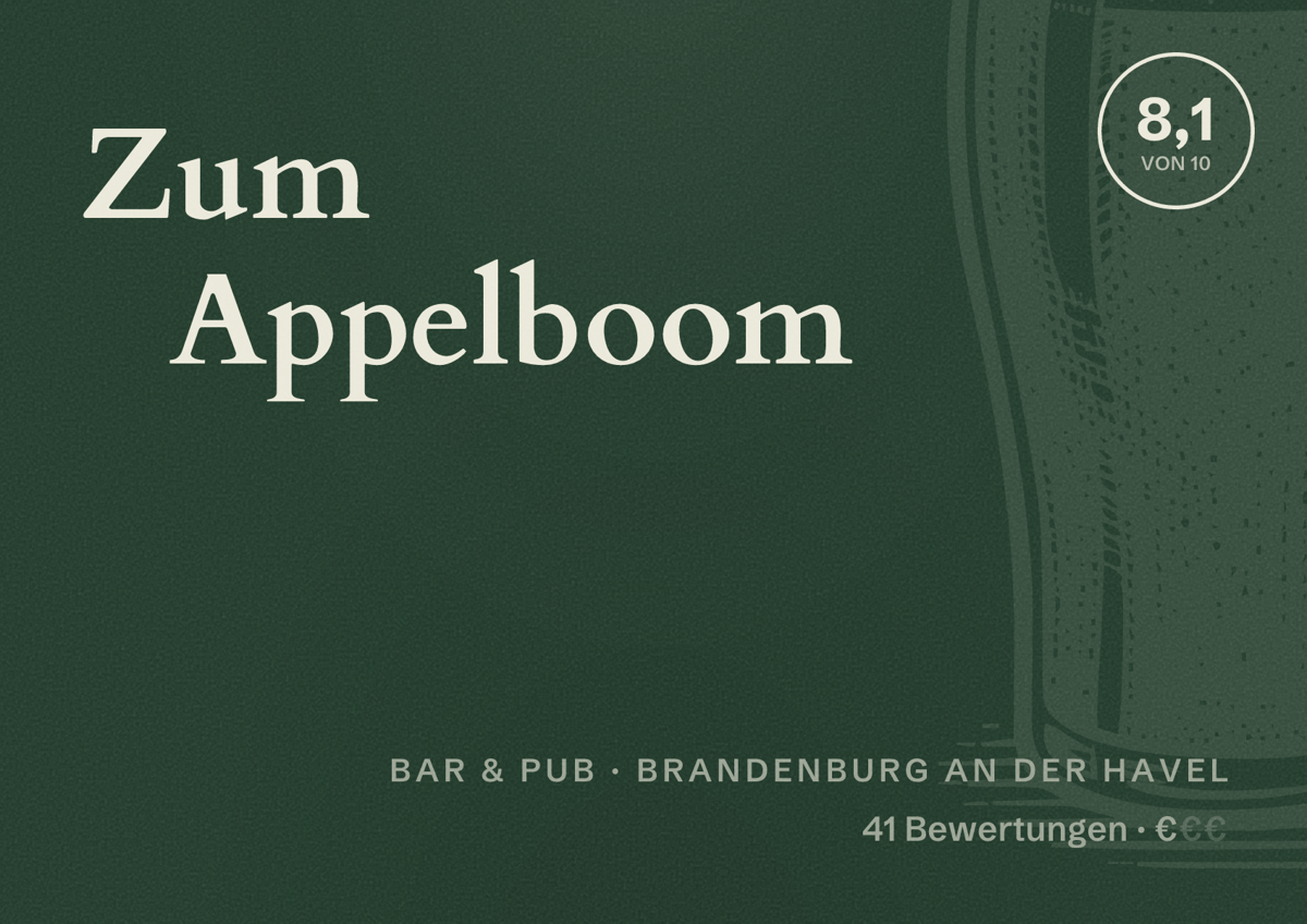 Illustriertes Poster von Zum Appelboom, Bar & Pub in Brandenburg an der Havel: Bewertung 8,1 von 10 aus 41 Bewertungen, Preisniveau €