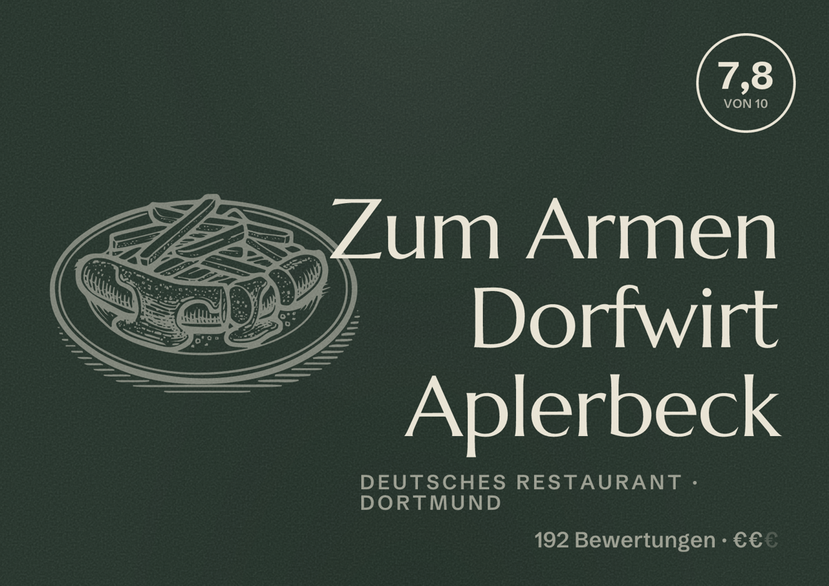 Illustriertes Poster von Zum Armen Dorfwirt Aplerbeck, Deutsches Restaurant in Dortmund: Gästebewertung 7,8 von 10 aus 192 Bewertungen
