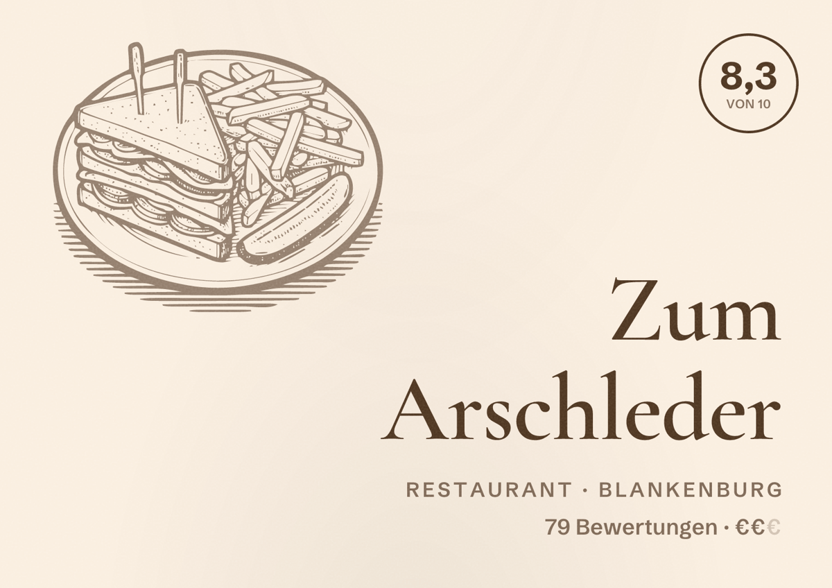 Illustriertes Poster von Zum Arschleder, Restaurant in Blankenburg: Bewertung 8,3 von 10 aus 79 Bewertungen, Preisniveau €€