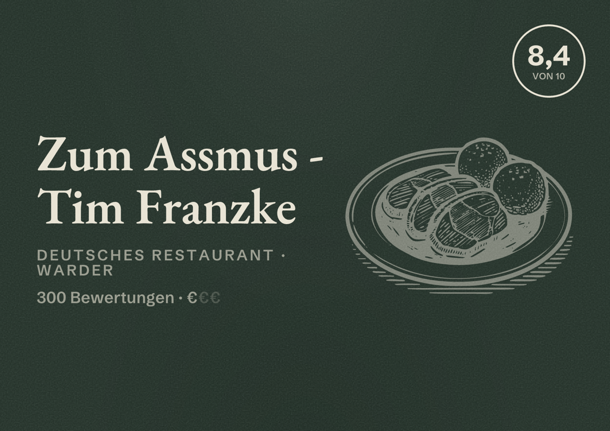 Illustriertes Poster von Zum Assmus - Tim Franzke, Deutsches Restaurant in Warder: Bewertung 8,4 von 10 aus 300 Bewertungen, Preisniveau €