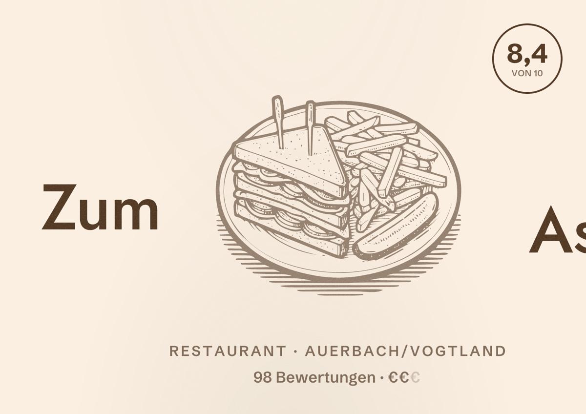 Illustriertes Poster von Zum Ast, Restaurant in Auerbach/Vogtland: Bewertung 8,4 von 10 aus 98 Bewertungen, Preisniveau €€