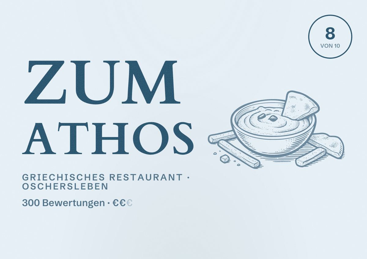Illustriertes Poster von Zum Athos, Griechisches Restaurant in Oschersleben: Bewertung 8 von 10 aus 300 Bewertungen, Preisniveau €€