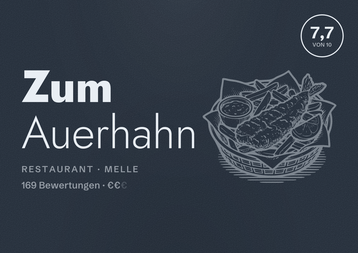 Illustriertes Poster von Zum Auerhahn, Restaurant in Melle: Bewertung 7,7 von 10 aus 169 Bewertungen, Preisniveau €€