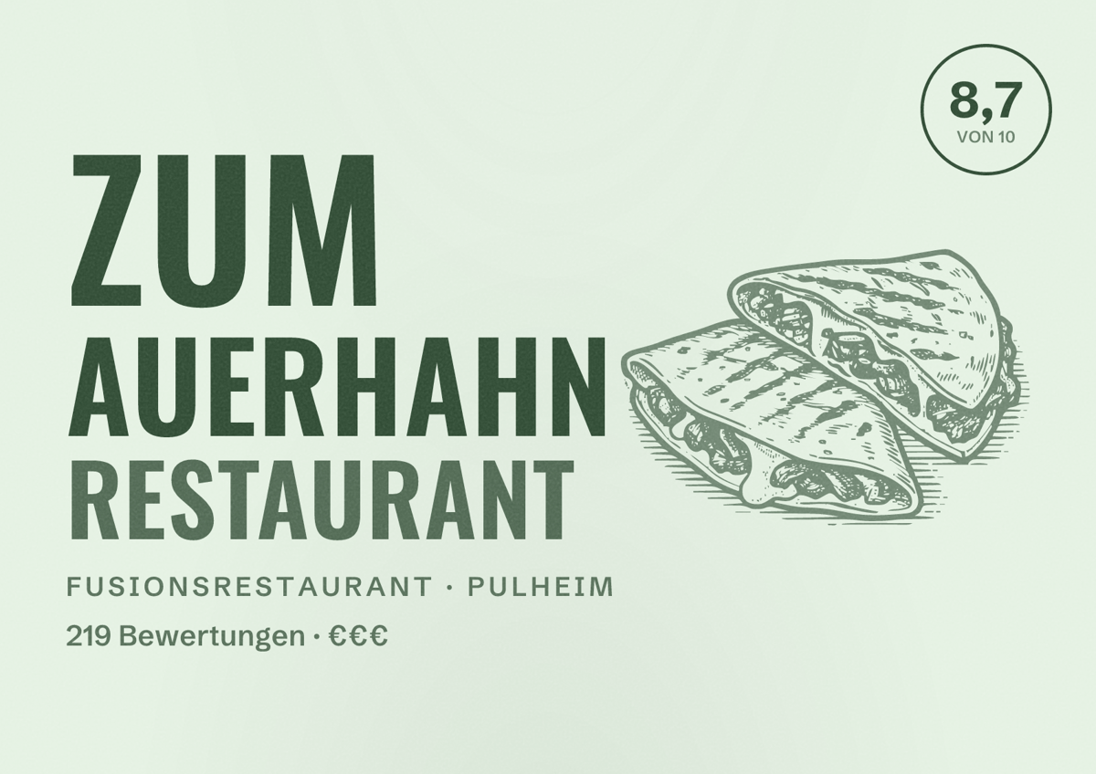 Illustriertes Poster von Zum Auerhahn Restaurant, Fusionsrestaurant in Pulheim: Bewertung 8,7 von 10 aus 219 Bewertungen, Preisniveau €€€