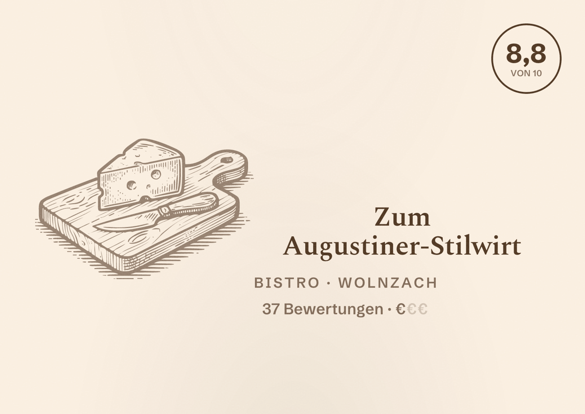 Illustriertes Poster von Zum Augustiner-Stilwirt, Bistro in Wolnzach: Bewertung 8,8 von 10 aus 37 Bewertungen, Preisniveau €