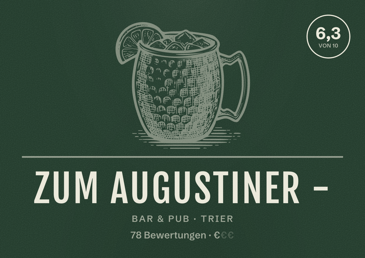 Illustriertes Poster von Zum Augustiner -, Bar & Pub in Trier: Bewertung 6,3 von 10 aus 78 Bewertungen, Preisniveau €
