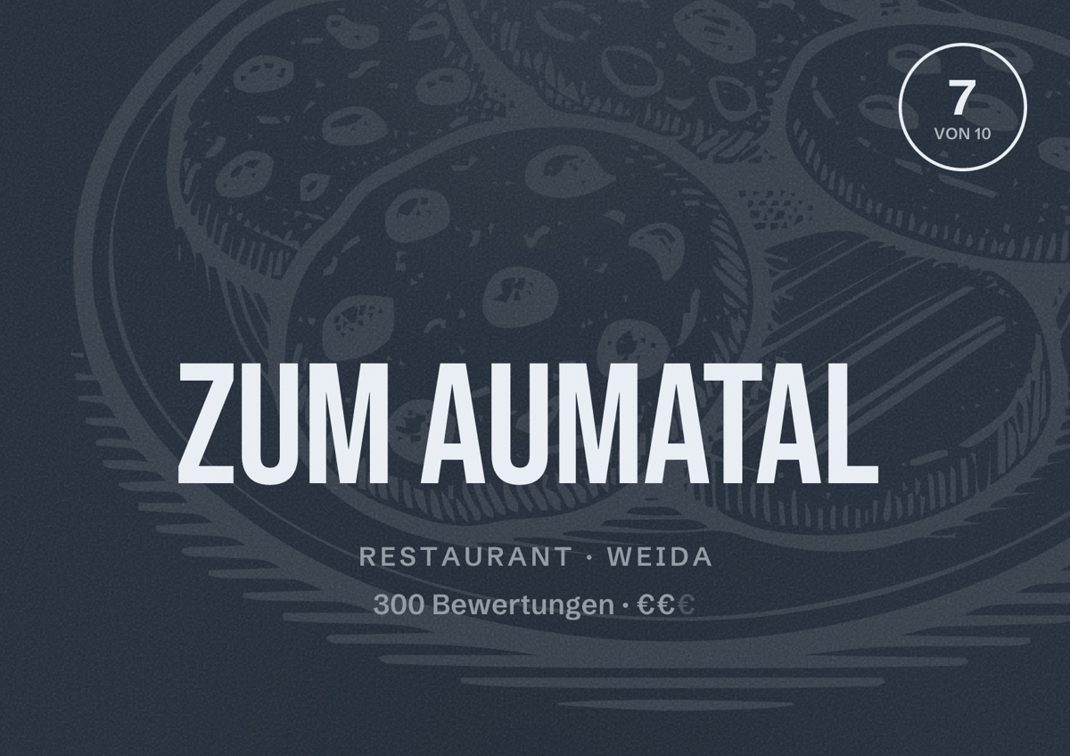 Illustriertes Poster von Zum Aumatal, Restaurant in Weida: Bewertung 7 von 10 aus 300 Bewertungen, Preisniveau €€