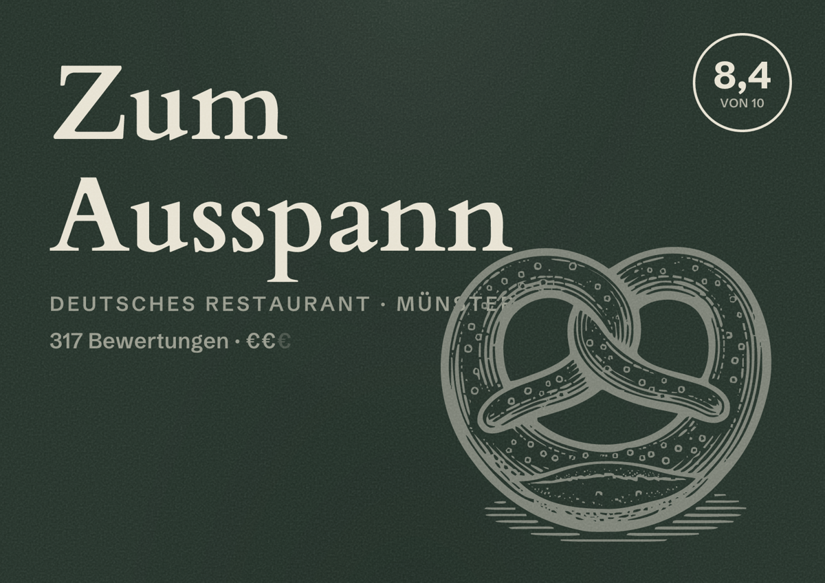 Illustriertes Poster von Zum Ausspann, Deutsches Restaurant in Münster: Bewertung 8,4 von 10 aus 317 Bewertungen, Preisniveau €€