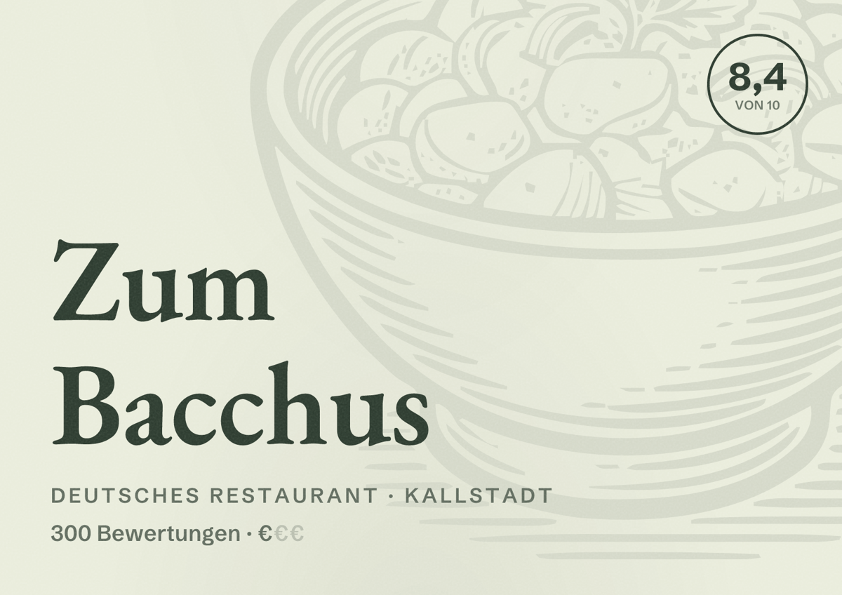 Illustriertes Poster von Zum Bacchus, Deutsches Restaurant in Kallstadt: Bewertung 8,4 von 10 aus 300 Bewertungen, Preisniveau €
