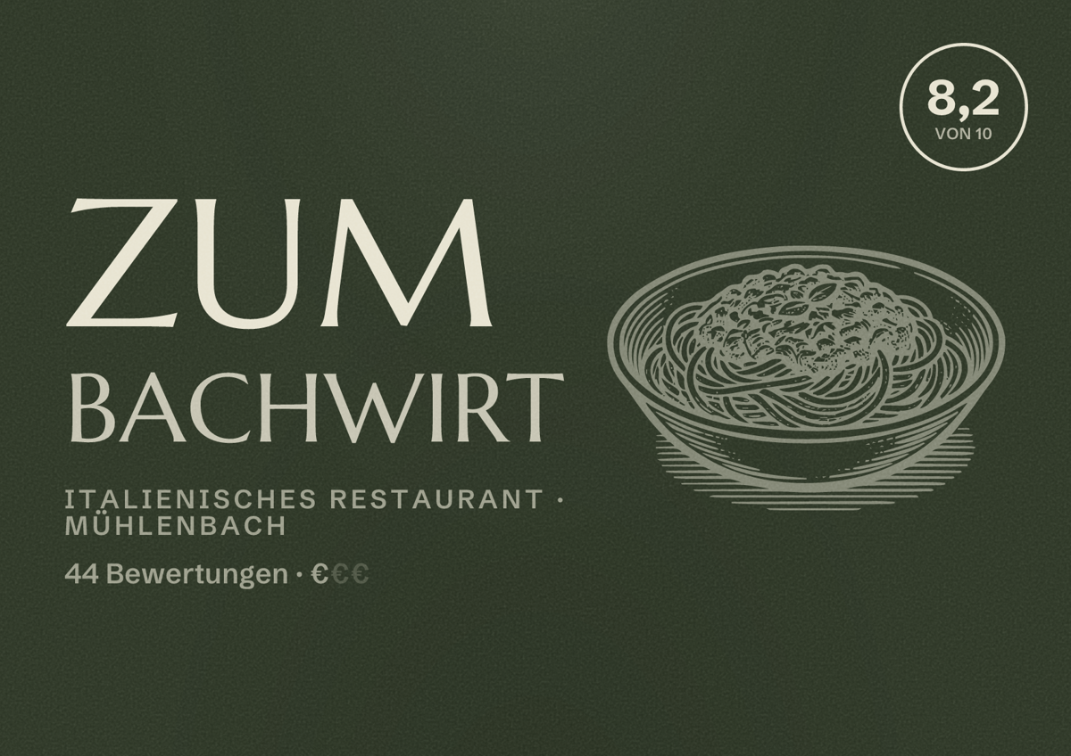 Illustriertes Poster von Zum Bachwirt, Italienisches Restaurant in Mühlenbach: Bewertung 8,2 von 10 aus 44 Bewertungen, Preisniveau €