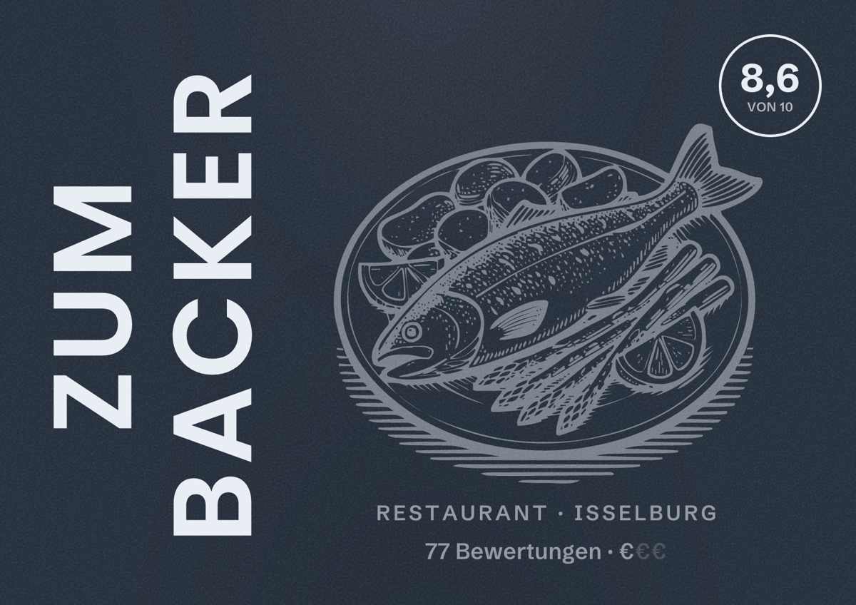 Illustriertes Poster von Zum Backer, Restaurant in Isselburg: Bewertung 8,6 von 10 aus 77 Bewertungen, Preisniveau €