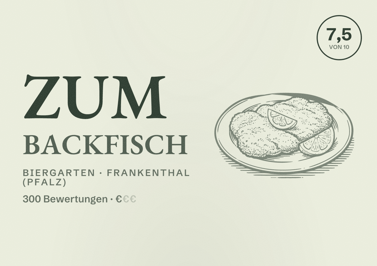 Illustriertes Poster von Zum Backfisch, Biergarten in Frankenthal (Pfalz): Bewertung 7,5 von 10 aus 300 Bewertungen, Preisniveau €