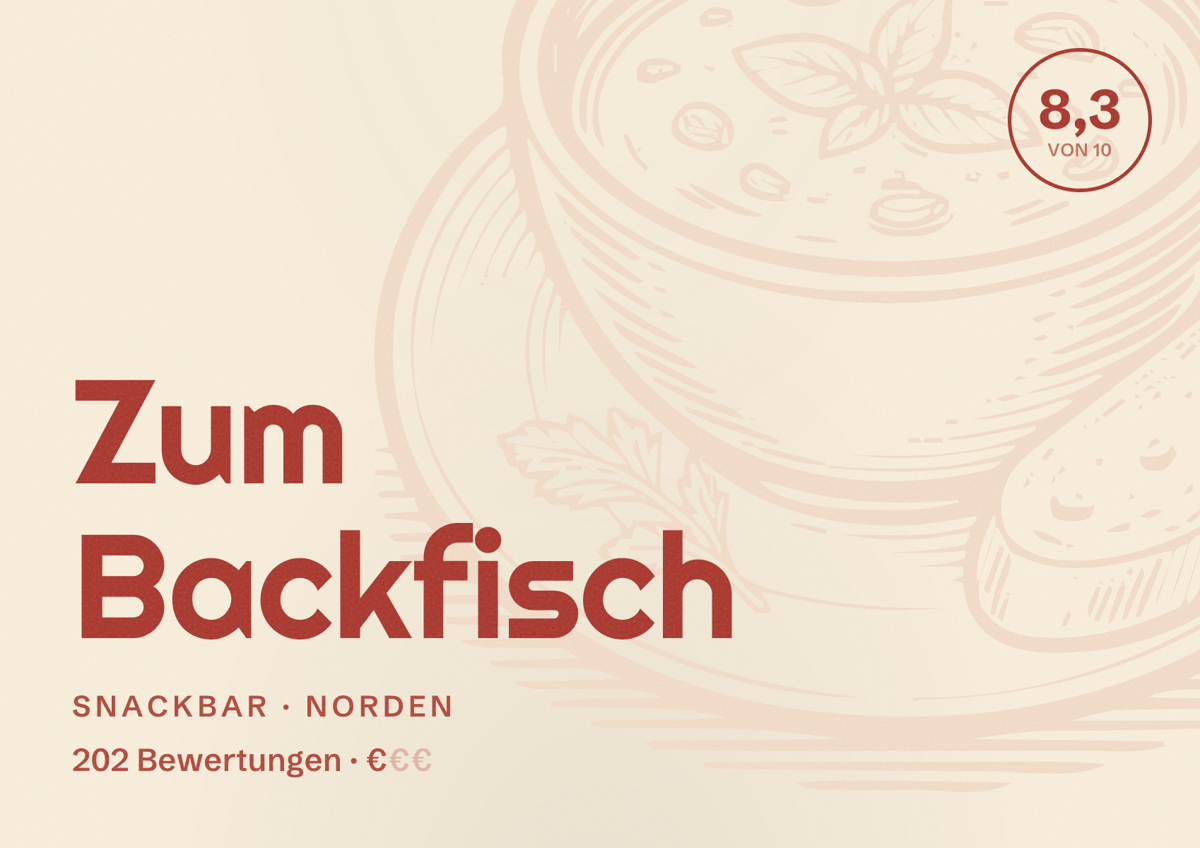 Illustriertes Poster von Zum Backfisch, Snackbar in Norden: Bewertung 8,3 von 10 aus 202 Bewertungen, Preisniveau €