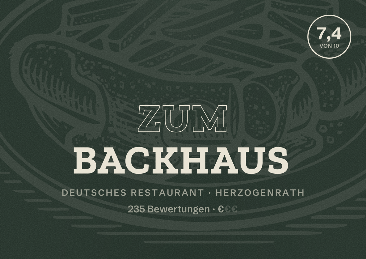 Illustriertes Poster von Zum Backhaus, Deutsches Restaurant in Herzogenrath: Bewertung 7,4 von 10 aus 235 Bewertungen, Preisniveau €