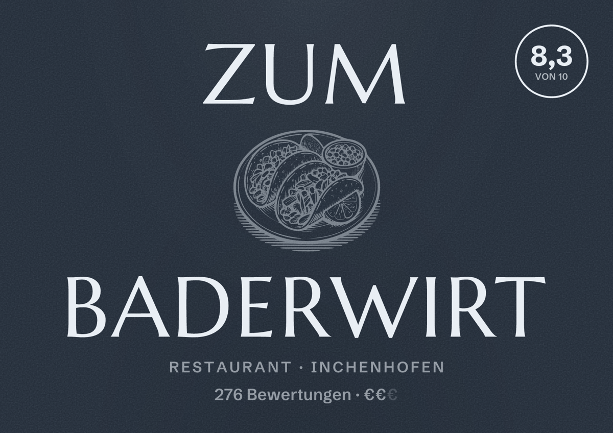 Illustriertes Poster von Zum Baderwirt, Restaurant in Inchenhofen: Bewertung 8,3 von 10 aus 276 Bewertungen, Preisniveau €€