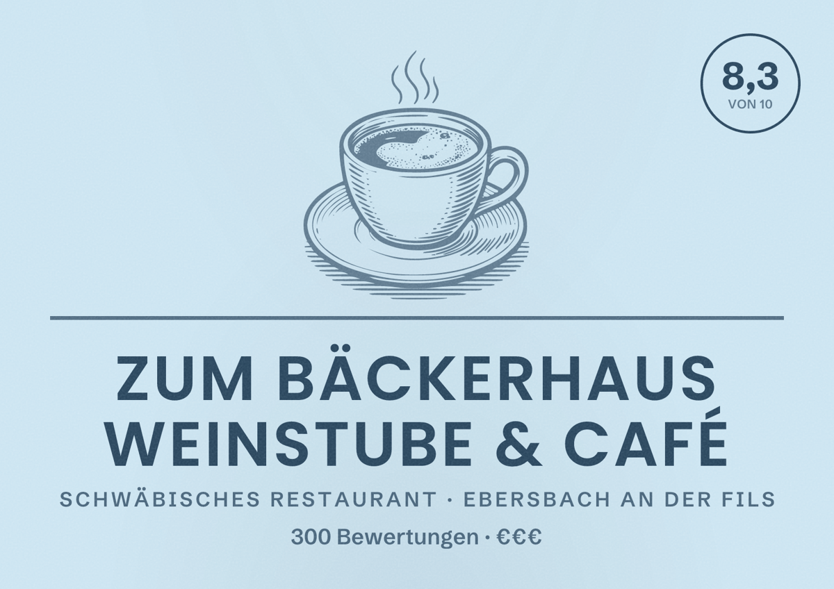 Illustriertes Poster von Zum Bäckerhaus Weinstube & Café, Schwäbisches Restaurant in Ebersbach an der Fils: Bewertung 8,3 von 10 aus 300 Bewertungen, Preisniveau €€€