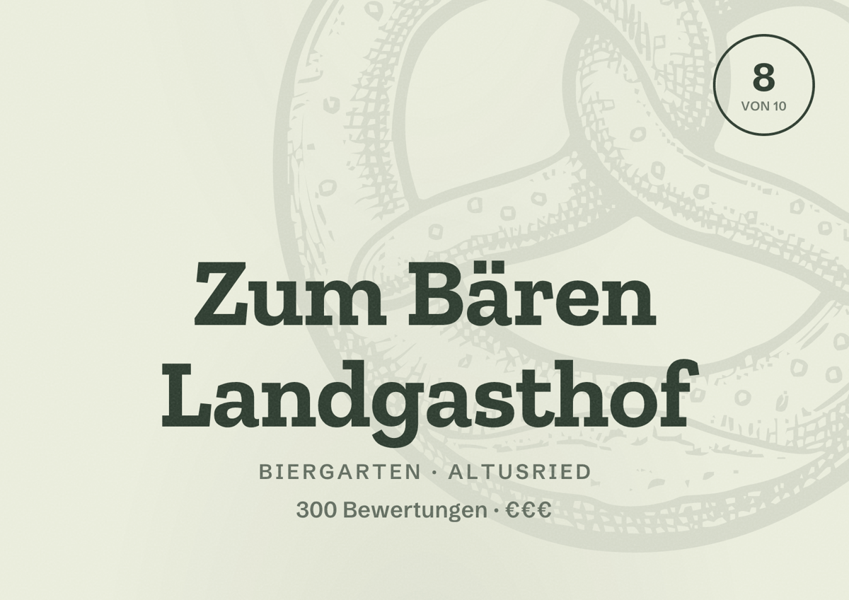 Illustriertes Poster von Zum Bären Landgasthof, Biergarten in Altusried: Bewertung 8 von 10 aus 300 Bewertungen, Preisniveau €€€