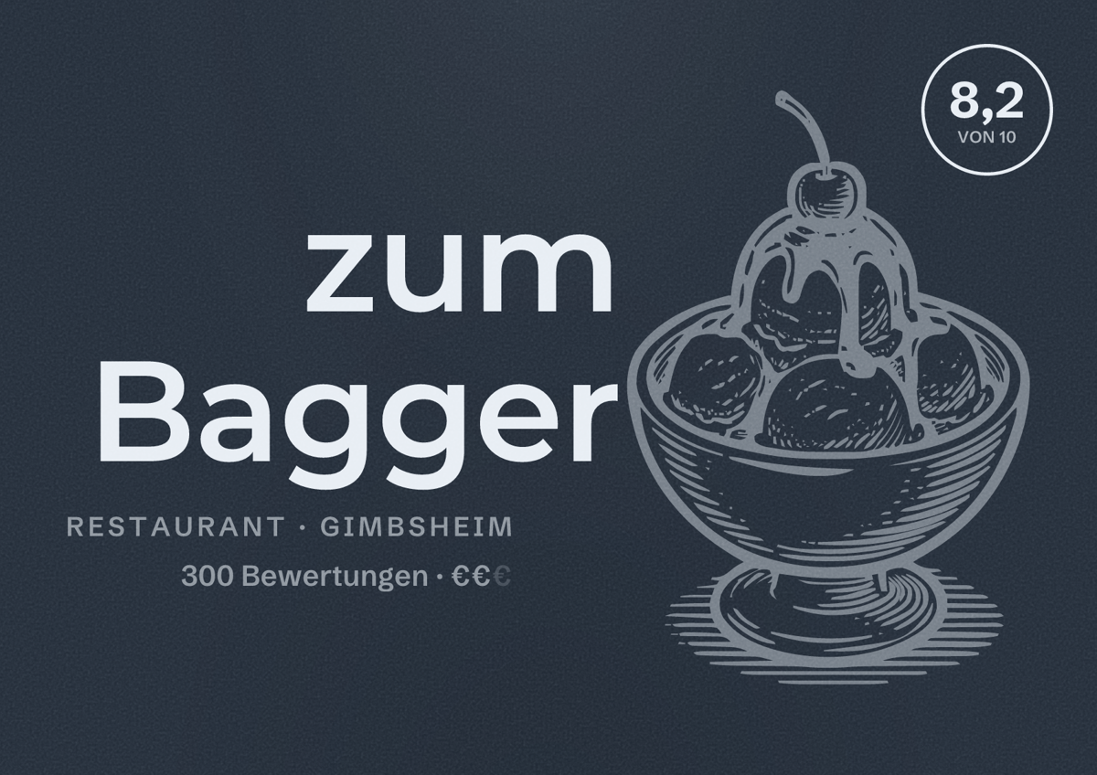 Illustriertes Poster von zum Bagger, Restaurant in Gimbsheim: Bewertung 8,2 von 10 aus 300 Bewertungen, Preisniveau €€