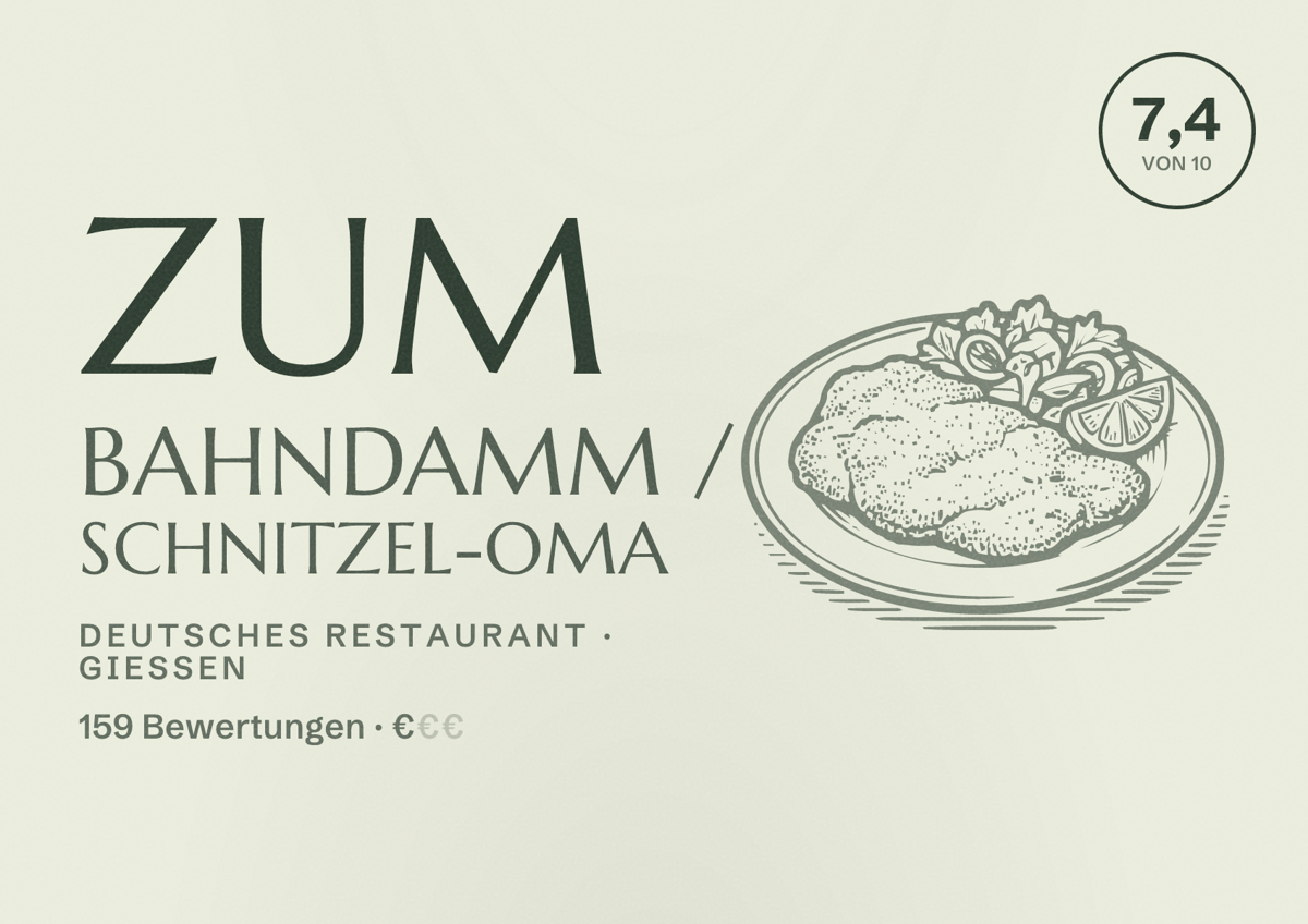 Illustriertes Poster von Zum Bahndamm / Schnitzel-Oma, Deutsches Restaurant in Gießen: Bewertung 7,4 von 10 aus 159 Bewertungen, Preisniveau €