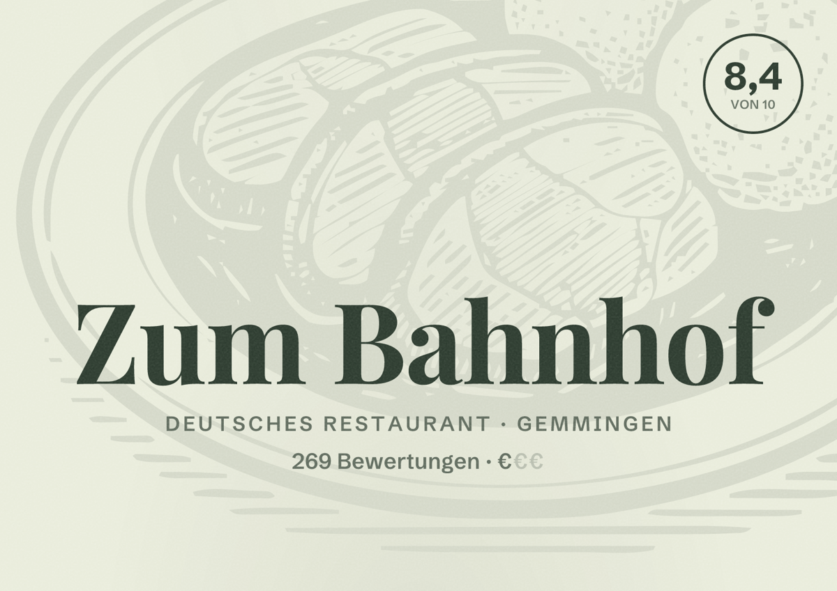 Illustriertes Poster von Zum Bahnhof, Deutsches Restaurant in Gemmingen: Bewertung 8,4 von 10 aus 269 Bewertungen, Preisniveau €