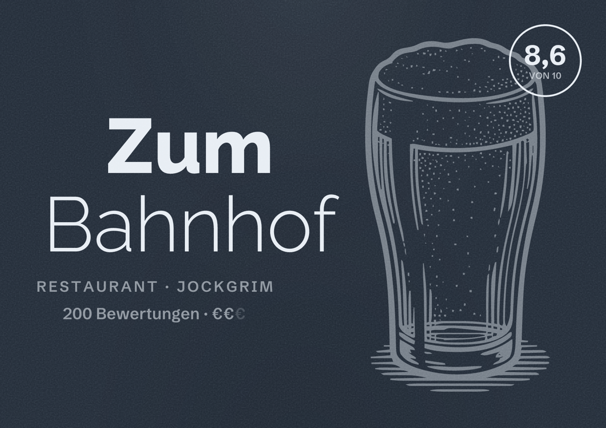 Illustriertes Poster von Zum Bahnhof, Restaurant in Jockgrim: Bewertung 8,6 von 10 aus 200 Bewertungen, Preisniveau €€