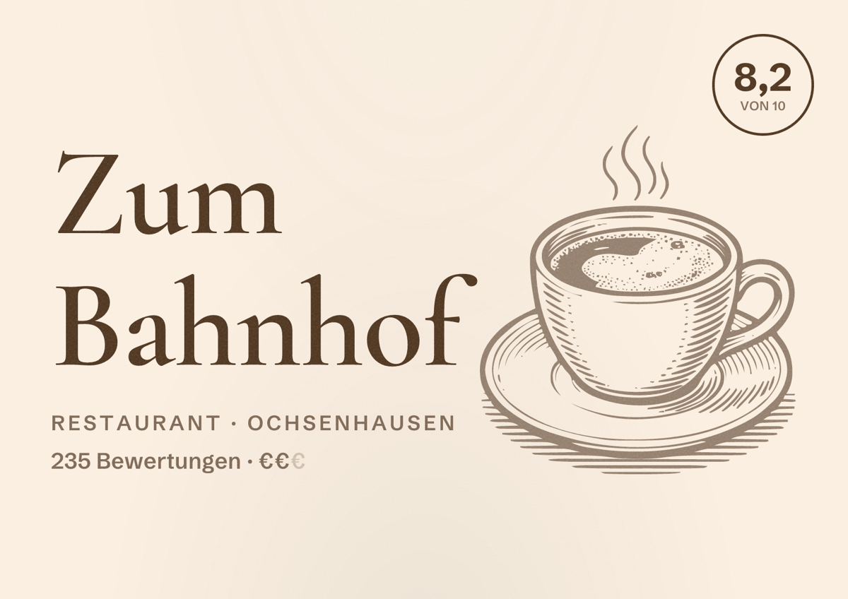 Illustriertes Poster von Zum Bahnhof, Restaurant in Ochsenhausen: Bewertung 8,2 von 10 aus 235 Bewertungen, Preisniveau €€