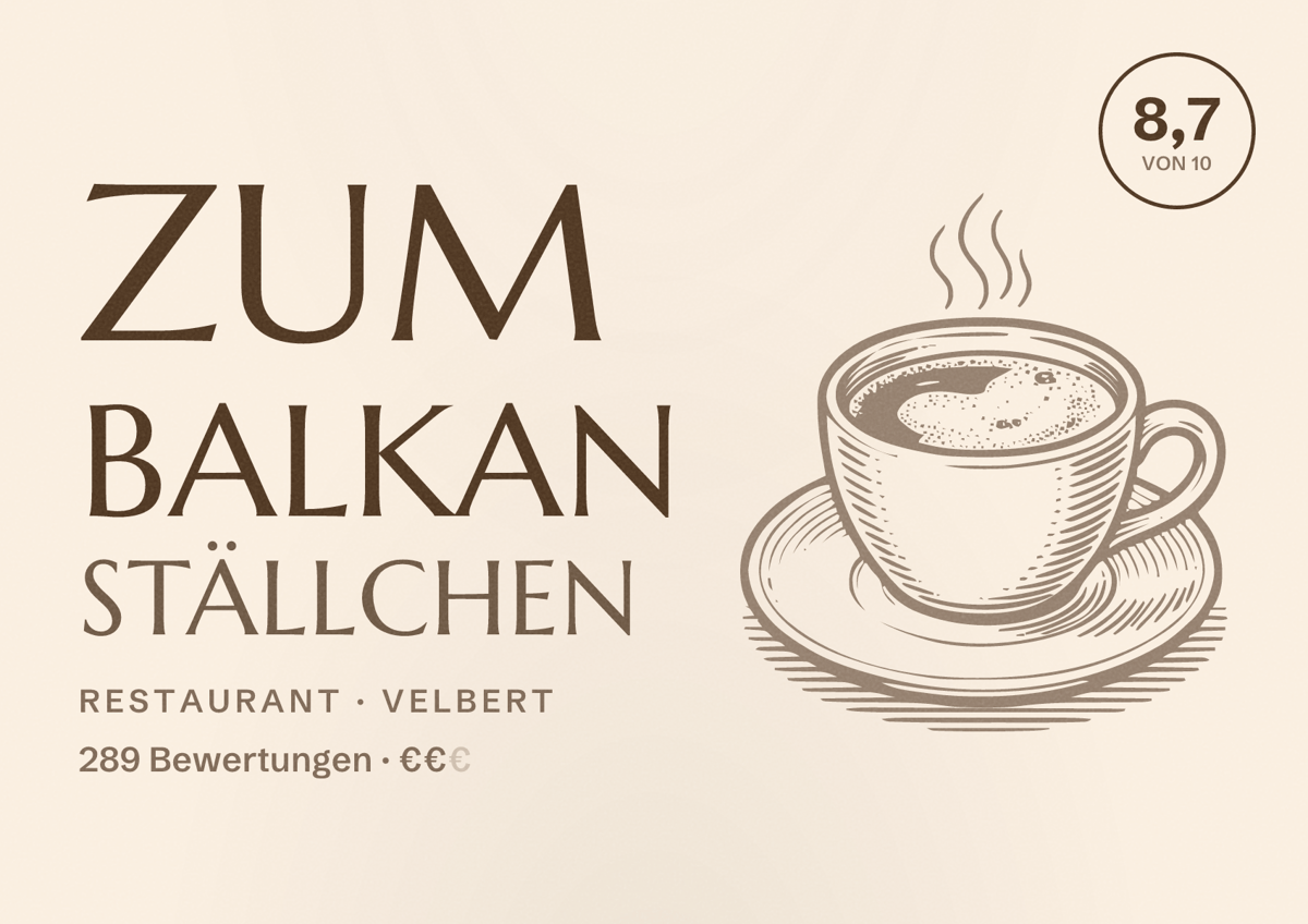 Illustriertes Poster von Zum Balkan Ställchen, Restaurant in Velbert: Bewertung 8,7 von 10 aus 289 Bewertungen, Preisniveau €€