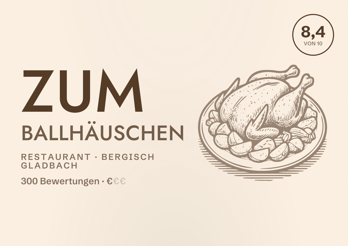 Illustriertes Poster von Zum Ballhäuschen, Restaurant in Bergisch Gladbach: Bewertung 8,4 von 10 aus 300 Bewertungen, Preisniveau €
