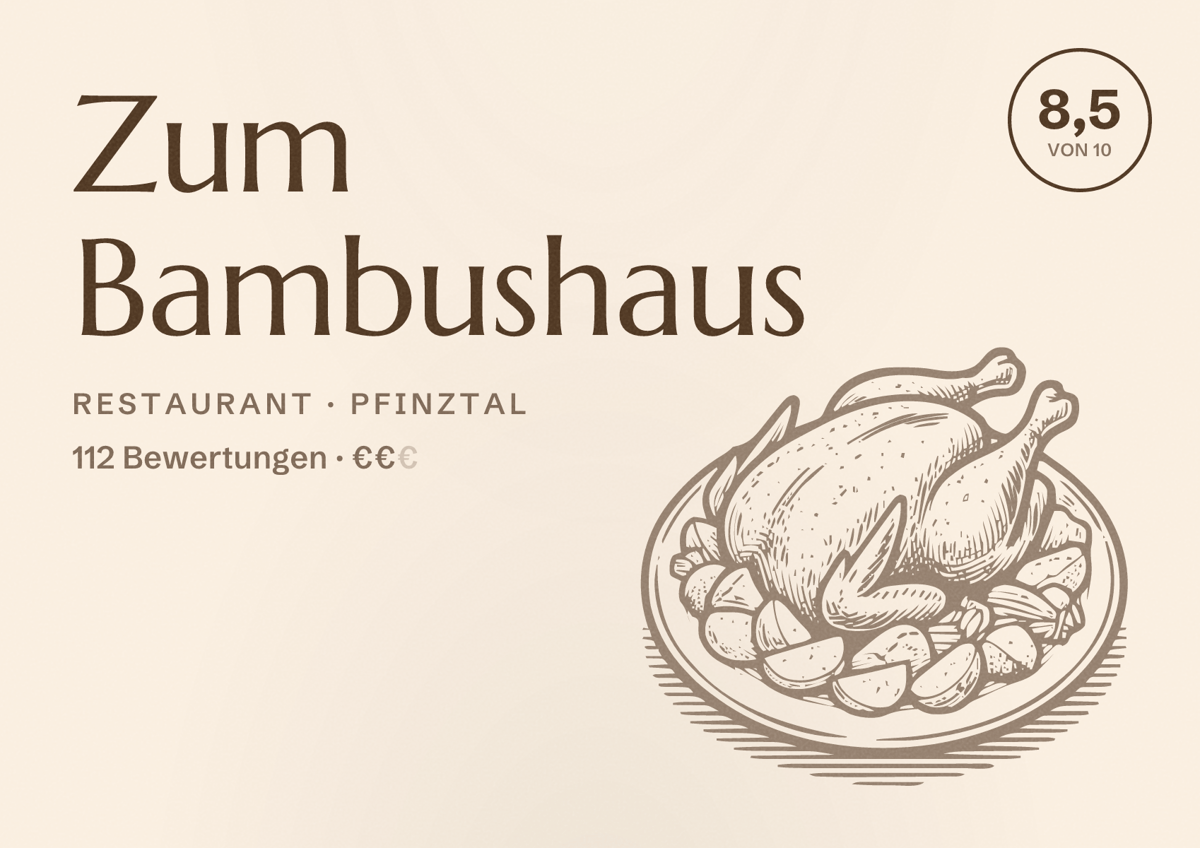 Illustriertes Poster von Zum Bambushaus, Restaurant in Pfinztal: Bewertung 8,5 von 10 aus 112 Bewertungen, Preisniveau €€