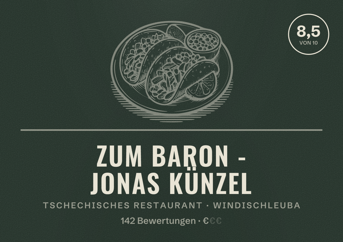 Illustriertes Poster von Zum Baron - Jonas Künzel, Tschechisches Restaurant in Windischleuba: Bewertung 8,5 von 10 aus 142 Bewertungen, Preisniveau €