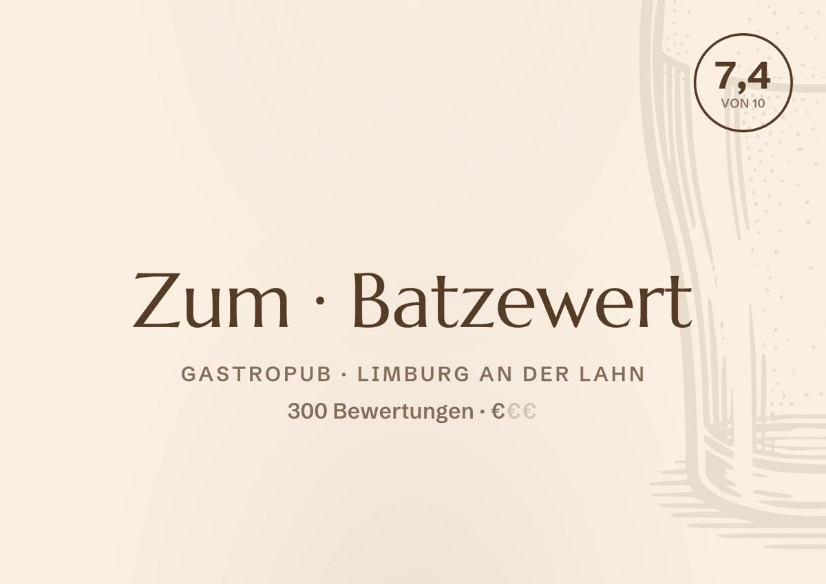 Illustriertes Poster von Zum Batzewert, Gastropub in Limburg an der Lahn: Bewertung 7,4 von 10 aus 300 Bewertungen, Preisniveau €