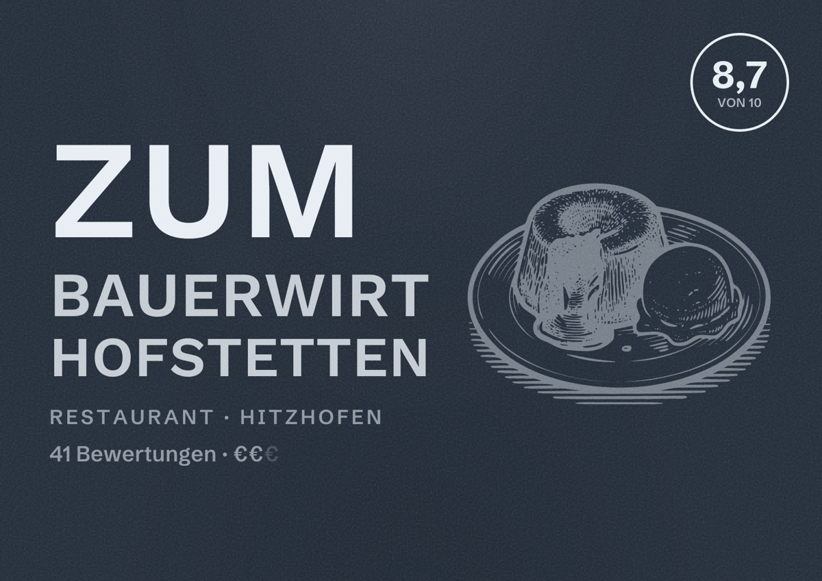 Illustriertes Poster von Zum Bauerwirt Hofstetten, Restaurant in Hitzhofen: Bewertung 8,7 von 10 aus 41 Bewertungen, Preisniveau €€